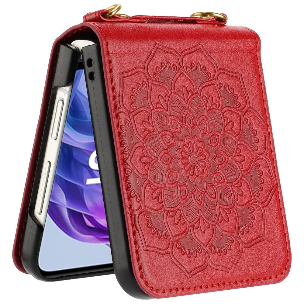 Floral Crossbody Motorola Razr 2024 / Razr+ Plus 2024 Case Flower Embossed PU Leather Lanyard Strap – Boho Henna Mandala Hybrid Protective Cover for Women Gift