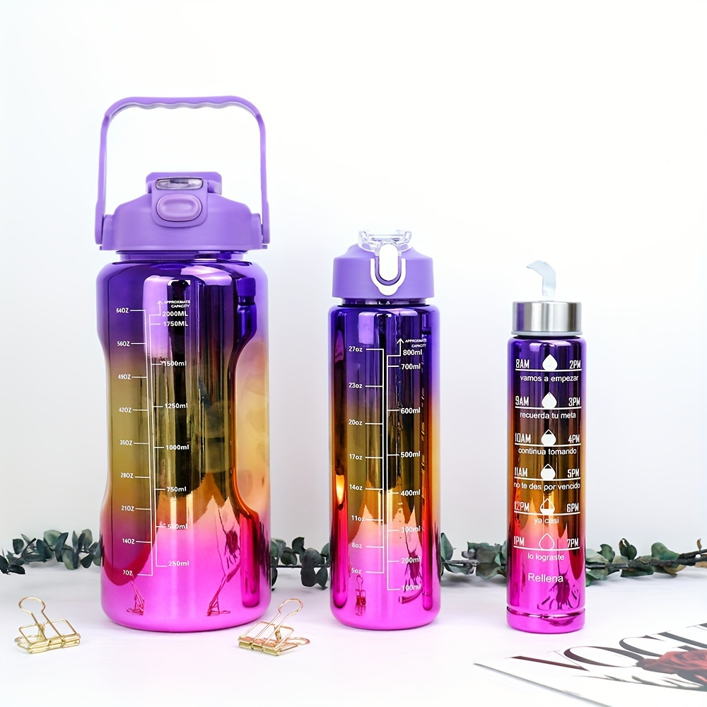 Electroplated Sports Water Bottle Set 3-Pack 64oz 27oz 15oz | Leak-Proof Gradient Bottles with Straw & Time Marker for Gym Office School & Workout