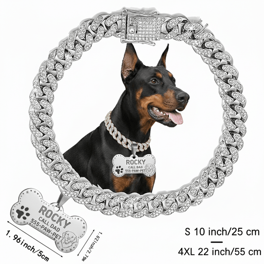 Cuban Chain Dog Collar with Engravable Pet ID Tag, Three Finishes and Six Sizes
