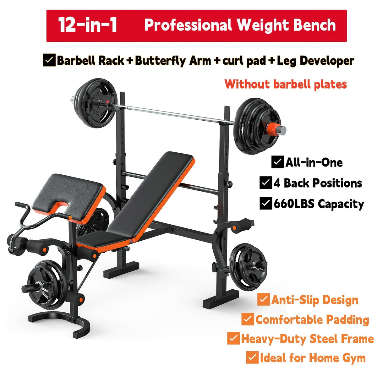 Adjustable Weight Bench 6-in-1 Foldable – Flat Incline Decline, Resistance Bands, Preacher Curl & Leg Developer, 770lb Capacity – Home Gym Strength Training Bench