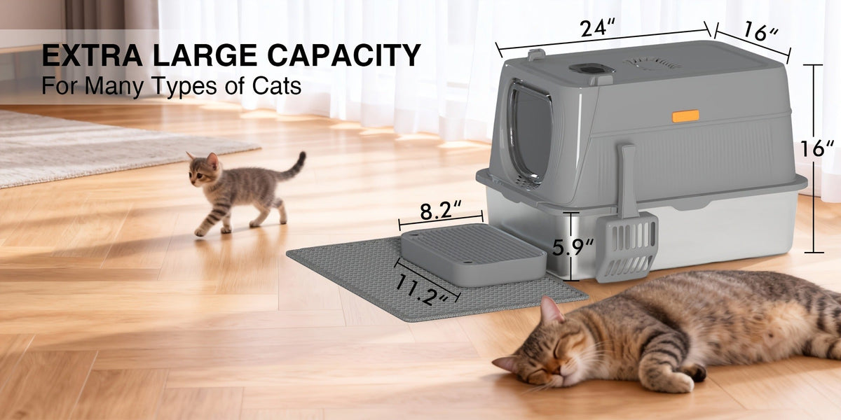 Extra Large Enclosed Cat Litter Box - Stainless Steel with Front Flap Door, Foldable Anti-Splash Fully Covered Design, Superior Odor Control Indoor Cat Toilet, 3 Colors, CITYLIFE Oversized