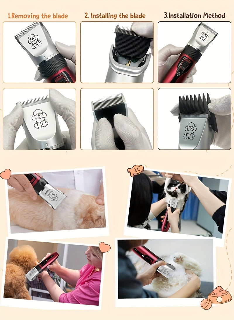 Pet Hair Clipper Cordless Adjustable Comb - Silent Low Noise Rechargeable Electric Dog Cat Grooming Scissors Set, Multiple Style Options, USB Charging Wireless Pet Trimmer for Dogs Cats