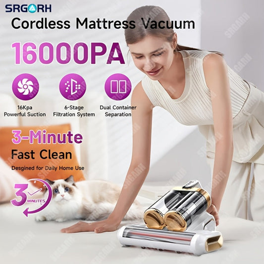 Handheld Mattress Vacuum Cleaner with 16 kPa Suction, UVC Light and Hot Air Heating