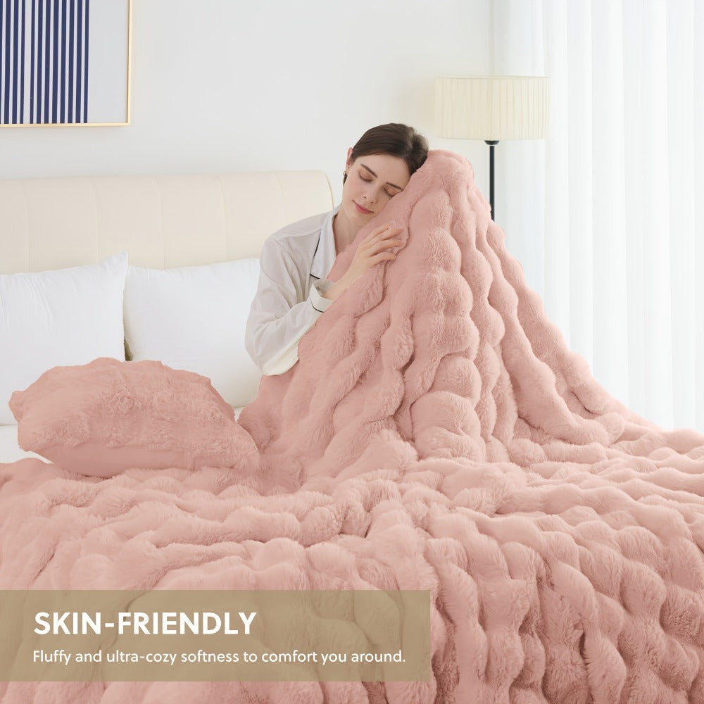 Faux Rabbit Fur Throw Blanket – Ultra-Soft Plush Fleece for Bed, Couch, Sofa & Travel, All Season, 11 Colors, Throw to King Size