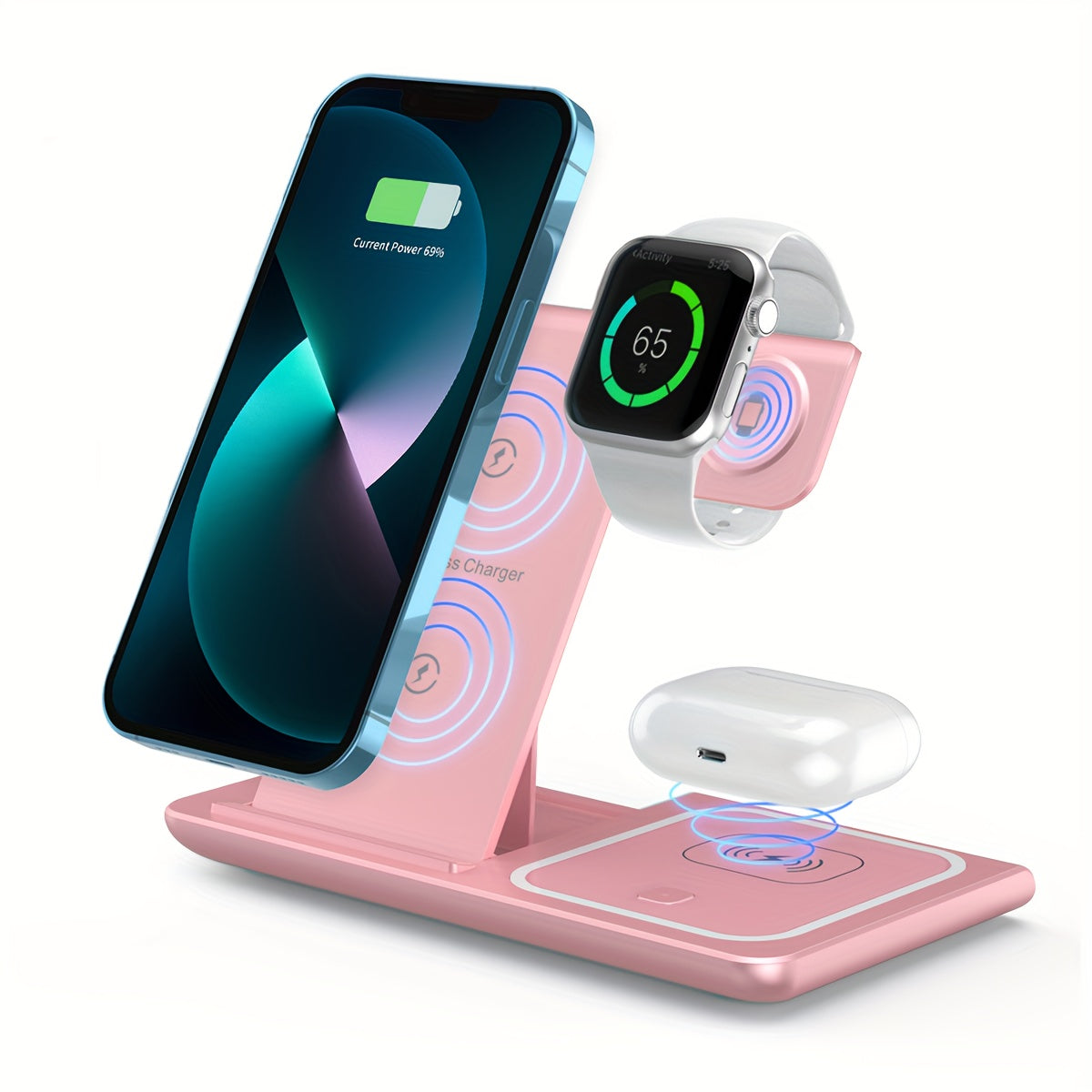 3-in-1 MagSafe Charging Station 15W – Fast Wireless Charger Stand for iPhone, Apple Watch & AirPods | Simultaneous Charging, White Black Pink