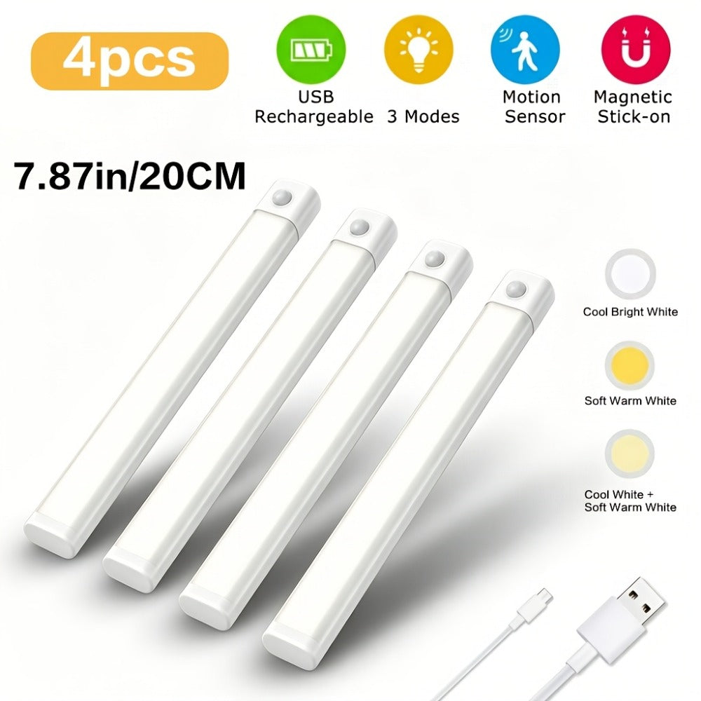 Motion Sensor LED Cabinet Light 4 Pack USB Powered - 3 Color Modes, Wireless Under Cabinet Lighting Bar, Adhesive Mount for Kitchen, Closet, Wardrobe, Hallway & Bedroom (7.87" / 11.81")