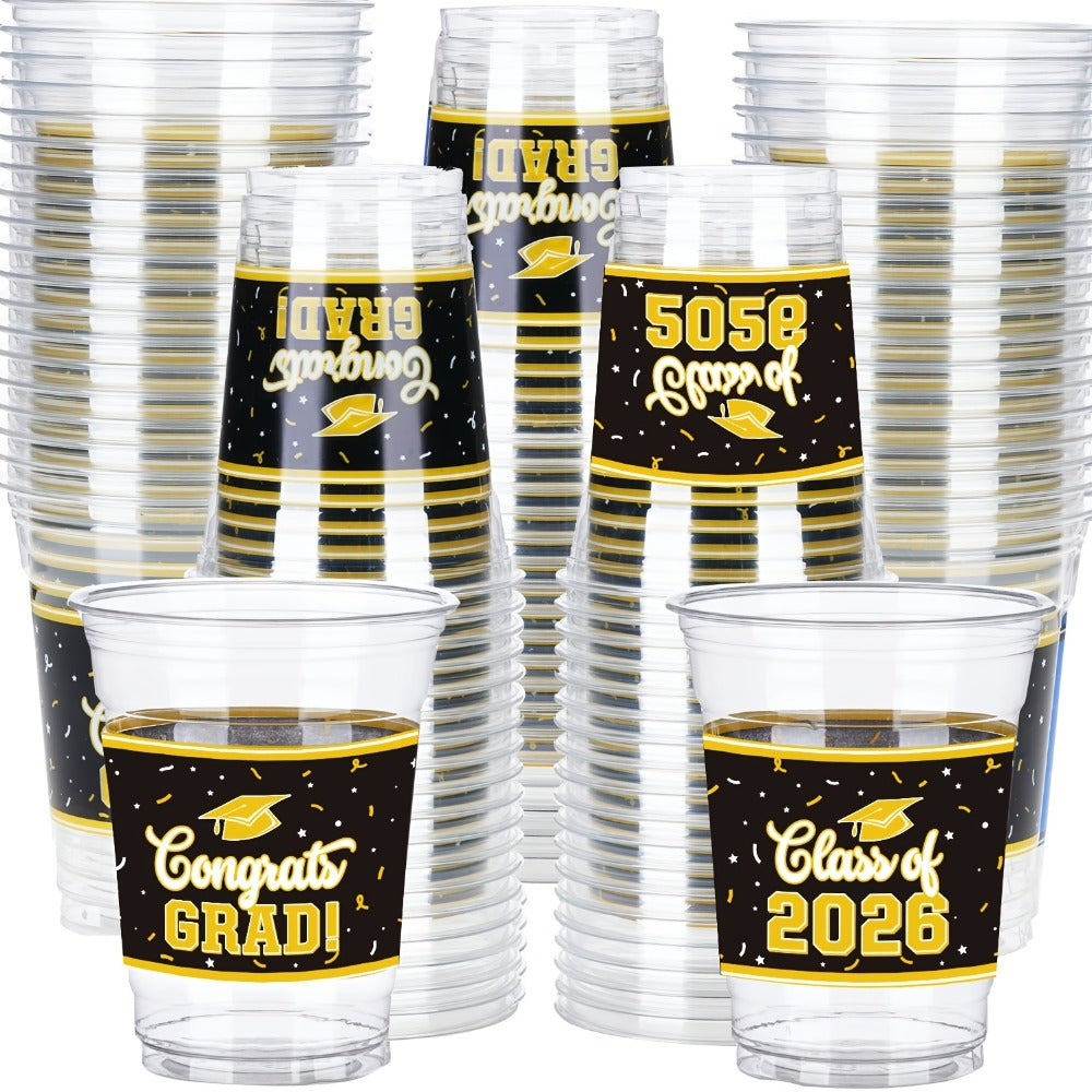 Graduation Plastic Mugs 100 Pack 14oz – 2026 Graduation Party Cups in Black Red Blue Green Purple Maroon for Graduation Ceremony, Reception, Celebration & School Color Party Drinkware Bulk