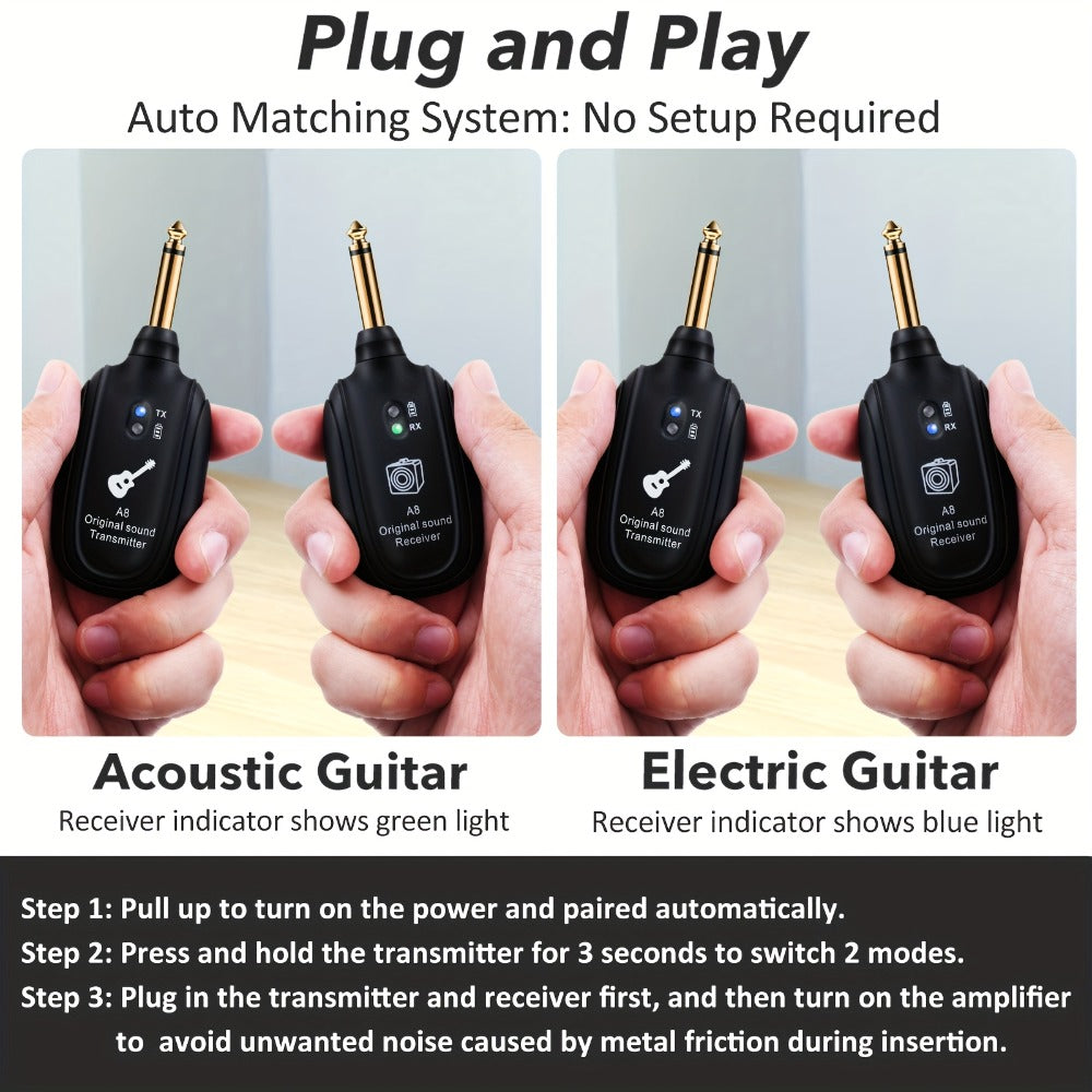 UHF Wireless Guitar System 100ft Range - Plug & Play, Noise-Free Transmission, 2 Transmitters & Receiver, Compatible with Electric Guitar Bass Violin Keyboard, Live Performance Stage Music Gear