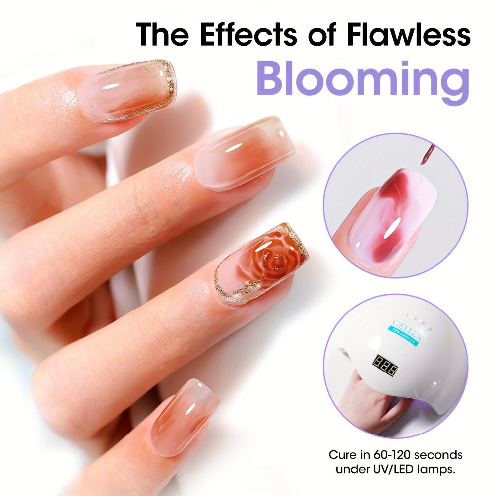 Blooming Gel Nail Art 2pcs HEMA-Free Clear Blossom Gel — Marble Watercolor Floral Tie-Dye Spreading Effect Soak-Off LED 28-Day DIY Manicure 0.68oz Each