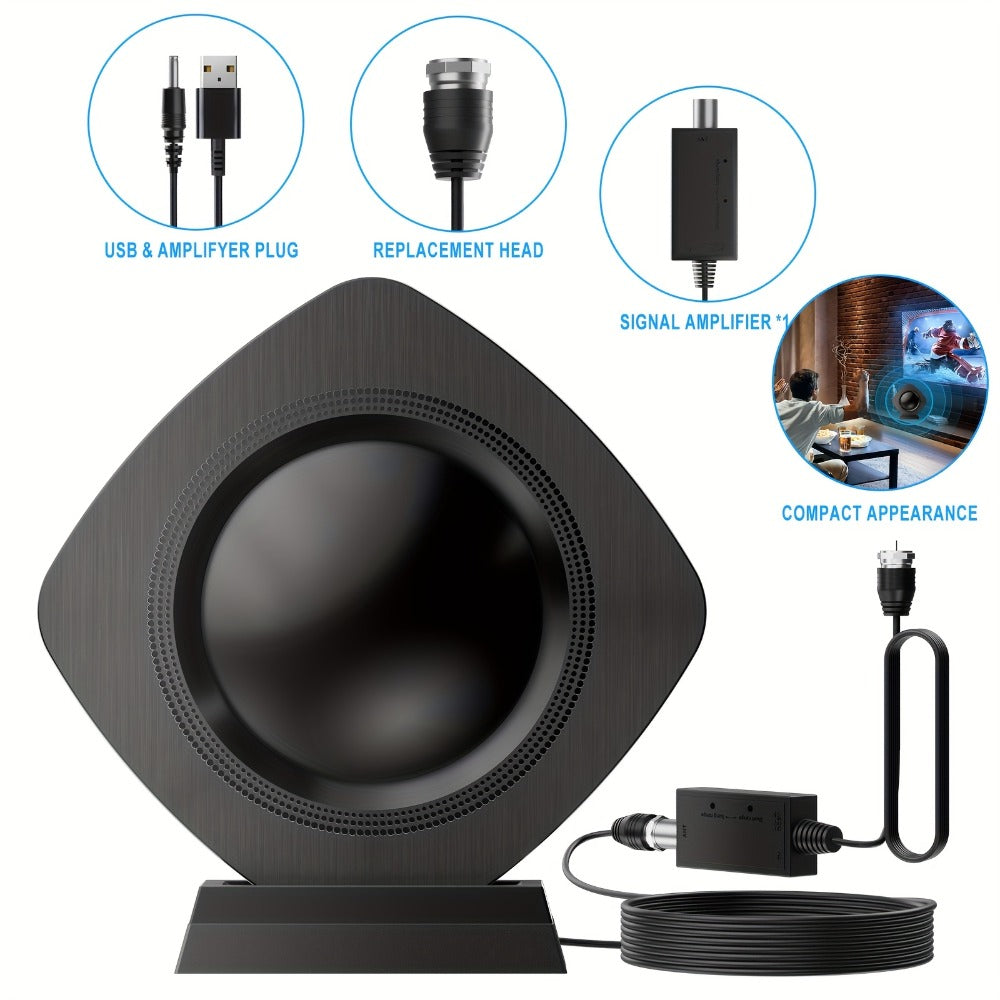 360° Omnidirectional Indoor TV Antenna 200 Mile Range – Amplified Digital HDTV, Ultra-Thin Flat Design, 4K 1080p HD, Smart TV RV Travel Compatible, Long Coaxial Cable Included