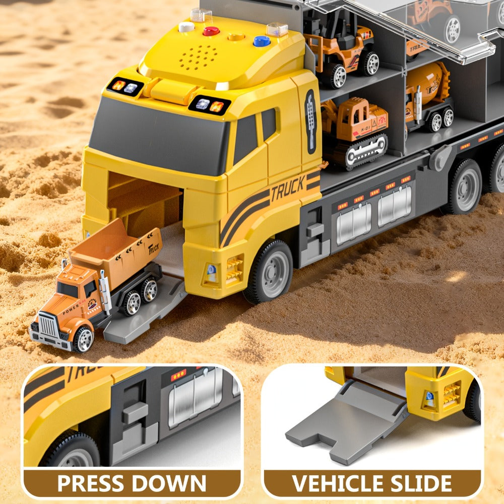 Construction Truck Toy Set, 13-in-1 Carrier with Die-Cast Vehicles and Play Mat