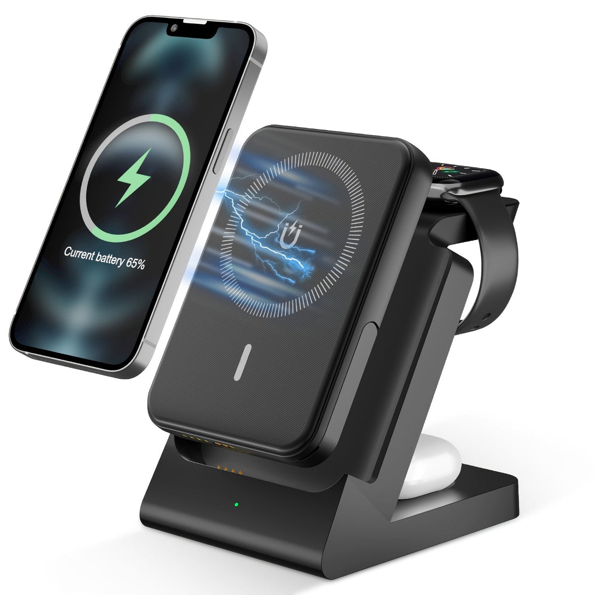 3-in-1 Wireless Charging Power Bank 15W for iPhone 17 16 15 14 13 12 Pro Max, Apple Watch Ultra Series 10 9 8 7 6 5 SE & AirPods 4 3 2 Pro – Portable Magnetic No-Outlet Travel Charger, White & Black