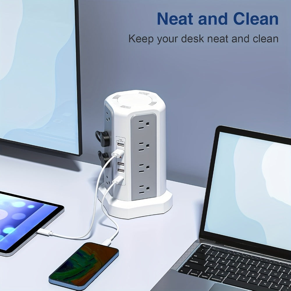 PD18W USB-C Power Strip Tower 21-in-1, 16 AC Outlets & 5 USB Ports, 1500J Surge Protector, Angled Flat Plug, 6ft 13A Extension Cord, Fast Charging Desktop Power Tower for Home Office Dorm – White
