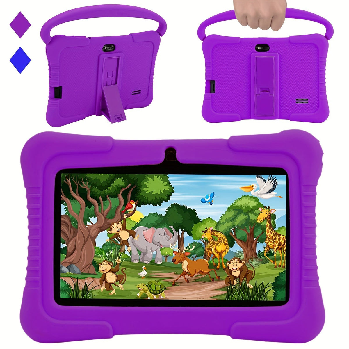 Kids Tablet 7 Inch Android 2GB RAM 16GB 32GB ROM 1TB Expandable WiFi Dual Camera Parental Control Educational Games Eye Protection Drop-Proof Silicone Case Tablet for Kids Toddlers – Pink Blue Purple Navy
