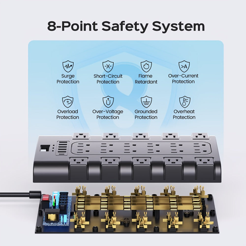 Gaming Room Surge Protector Power Strip 28-in-1 with 22 AC Outlets 6 USB Ports 24W 2100 Joules 1875W 15A Flat Plug Wall Mount Switch 5 7 13ft Extension Cord for Home Office Dorm Gaming Setup – Black