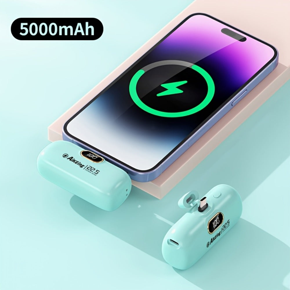 Mini Power Bank 5000mAh with Built-in USB-C Connector Fast Charging – Ultra-Compact Pocket Portable Charger for iPhone Android Samsung | Emergency Travel Charger | Green Pink