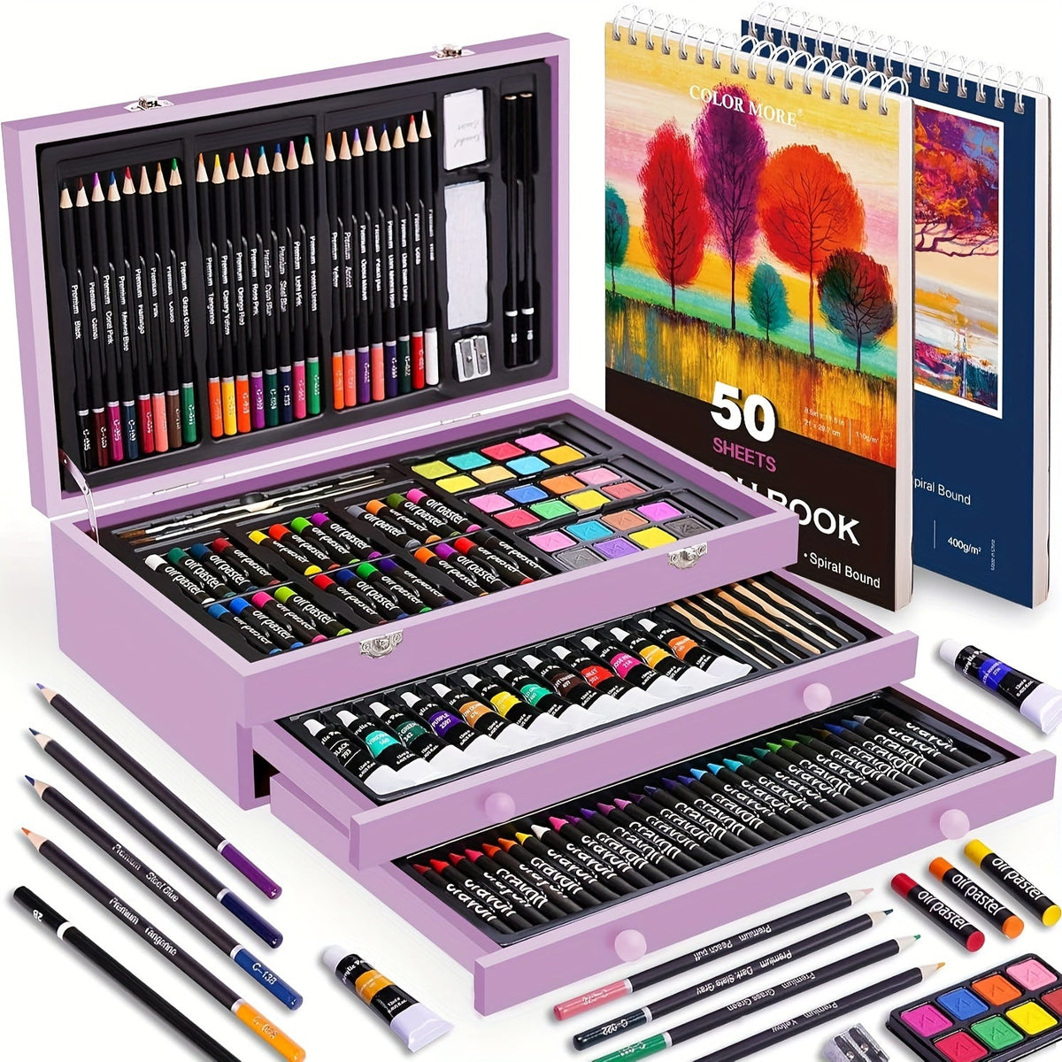 175-Piece Deluxe Art Set in Wooden Case – Drawing Pads Crayons Acrylic Paints Colored Pencils Complete Professional Art Kit Gift for Kids Teens Adults Birthday Christmas