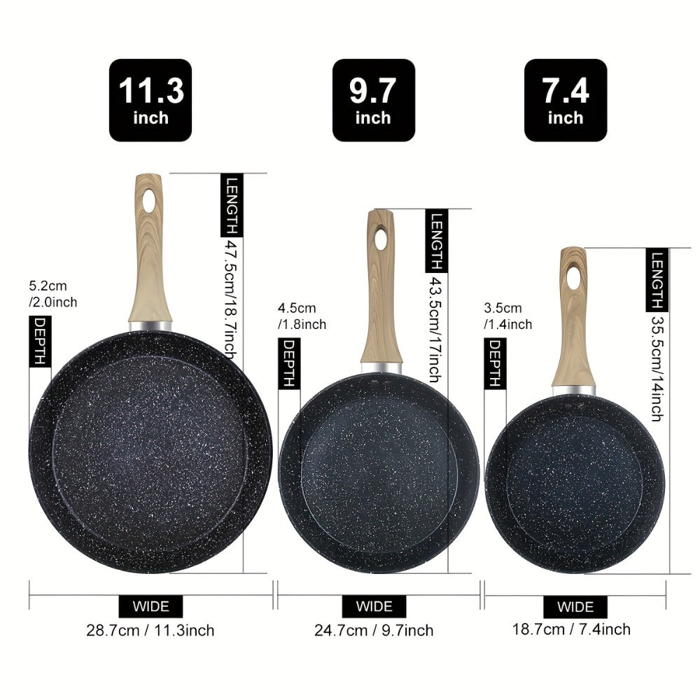 Non-Stick Frying Pan Set 3-Piece 7 9.5 11 Inch – Dishwasher Safe Skillet Set with Insulated Handle | Induction Compatible Home Kitchen Pans in Beige Grey & Black | Durable Even-Heating Cookware