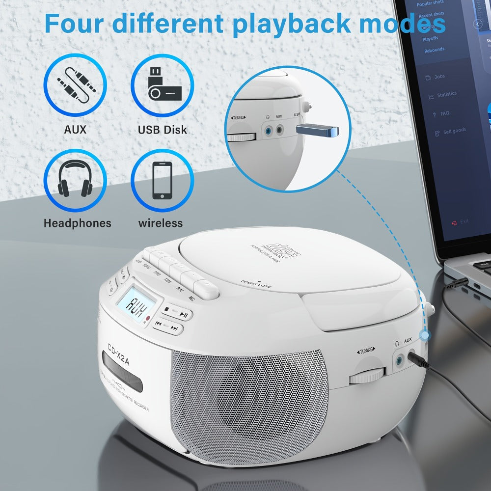 CD Cassette Player Boombox Combo with AM/FM Radio, Remote Control, LCD Display, AUX USB Earphone Jack, AC & Battery Operated, Stereo Sound Home Audio System for Seniors Adults