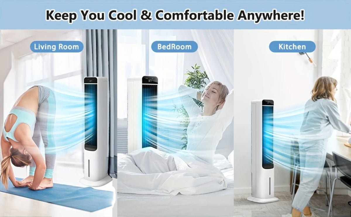 Evaporative Air Cooler Portable 1.32 Gal, 3-in-1 Swamp Cooler Fan Humidifier with Ice Cooling, 4 Ice Packs, 70° Oscillation & Low Noise, Bladeless Tower Fan Air Conditioner for Bedroom Kitchen Office