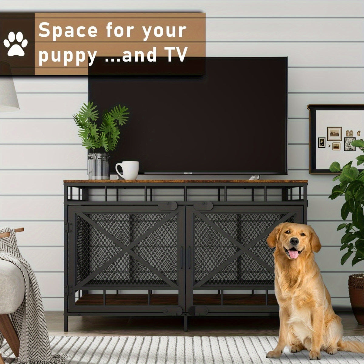 Dog Crate Furniture 43 Inch Corner Indoor Kennel, Heavy Duty Engineered Wood Dog Cage with Side Door for Large Medium Breeds, Vintage Style Pet Crate End Table
