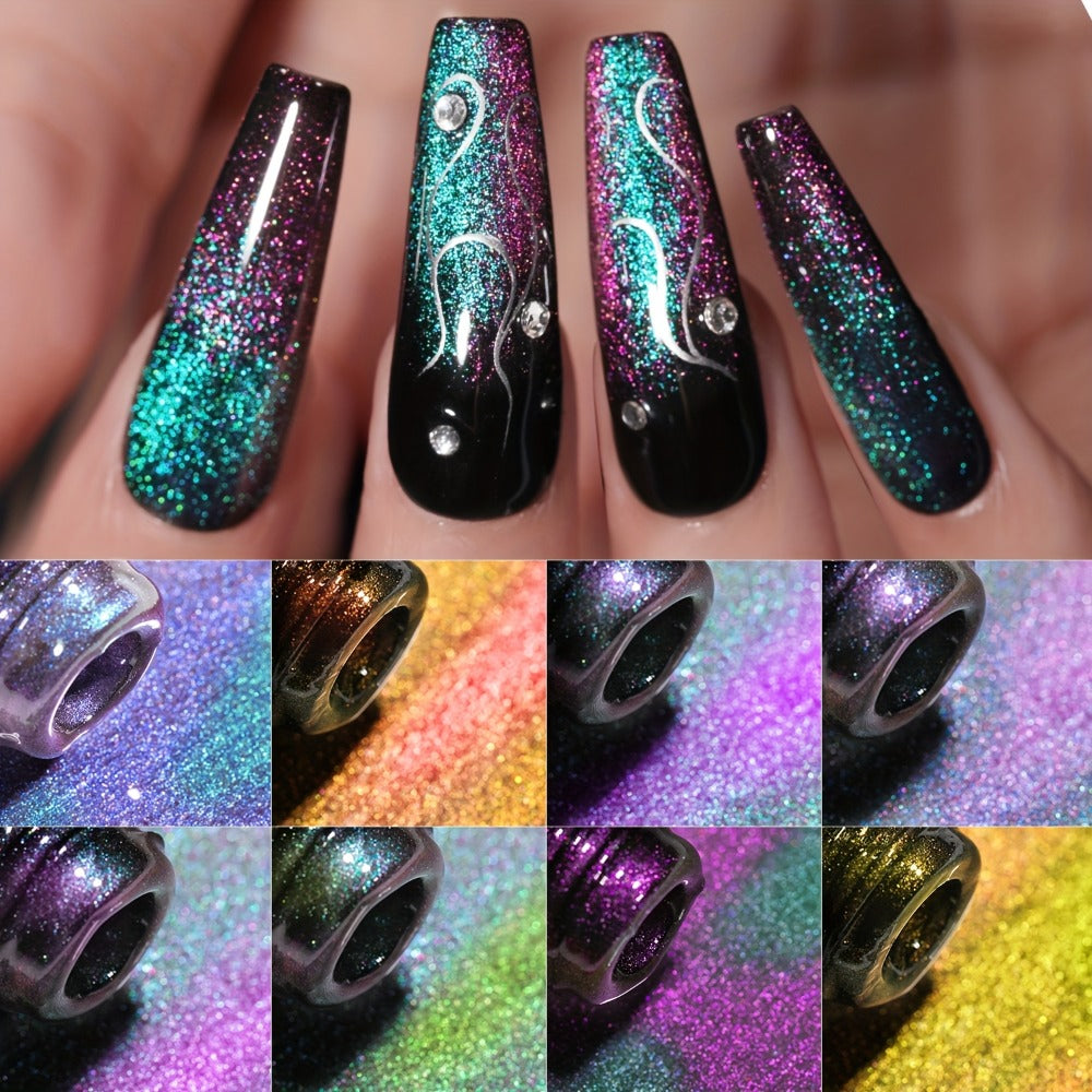 Magnetic Cat Eye Gel Nail Polish Set 8 Colors – Holographic Reflective Peacock Double-Light Effect, LED/UV Soak-Off Gel 0.51oz with Magnet Tool, Salon & Home Nail Art Gift Set for Women