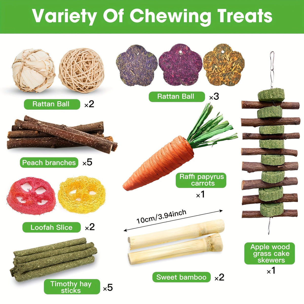 Small Animal Dental Treats 21pcs – Natural Timothy Hay Variety Set with Hay Sticks, Timothy Cakes & Carrot Strawberry Treats for Rabbits, Guinea Pigs & Hamsters – Teeth Care Forage Snacks