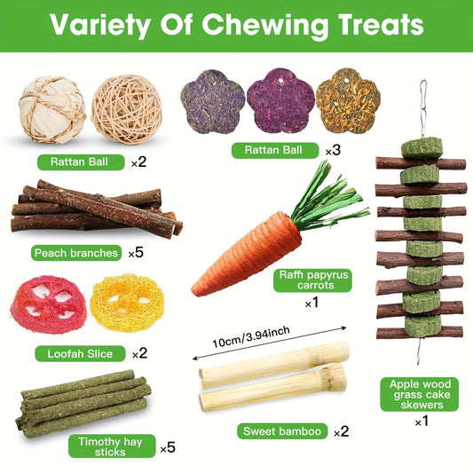 Timothy Hay Treat Variety Set with Sticks & Cakes for Small Animals, 21 Pieces