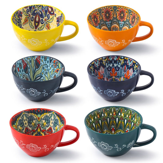 Bohemian Ceramic Coffee Mugs Set of 6, 15 oz, Microwave and Dishwasher Safe