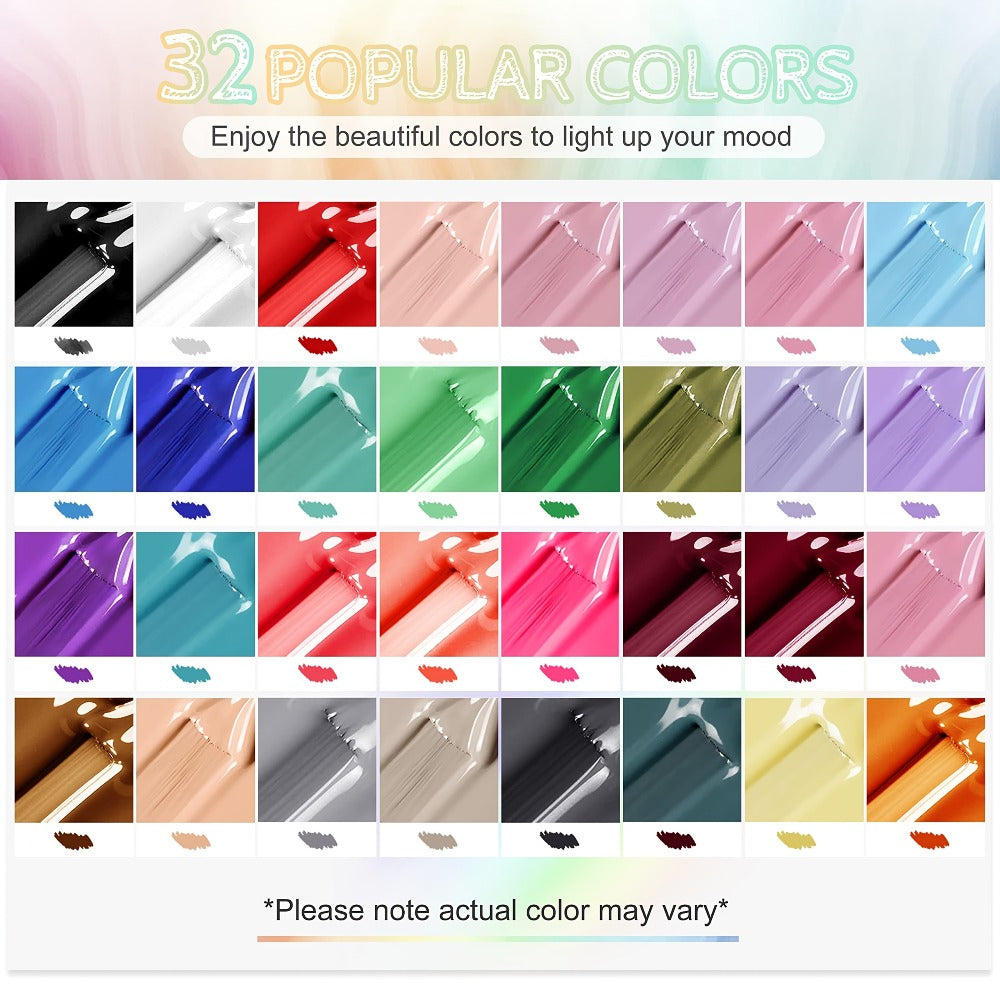 Gel Nail Polish Set 36Pcs – 32 Colors Kit with Base Coat Glossy Matte & Glitter Top Coat, Green Blue Red Pink Collection, UV LED Soak-Off Gel Polish Gift Set for Women