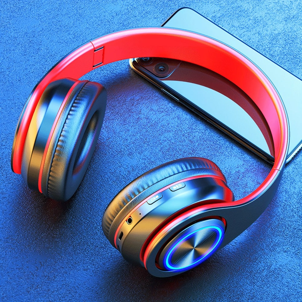 LED Light Over-Ear Wireless Headphones Deep Bass Subwoofer, Active Noise Cancelling Foldable Headset Bluetooth 5.3, Wired & Wireless Dual Mode AUX, USB Rechargeable for Gaming Music Sports