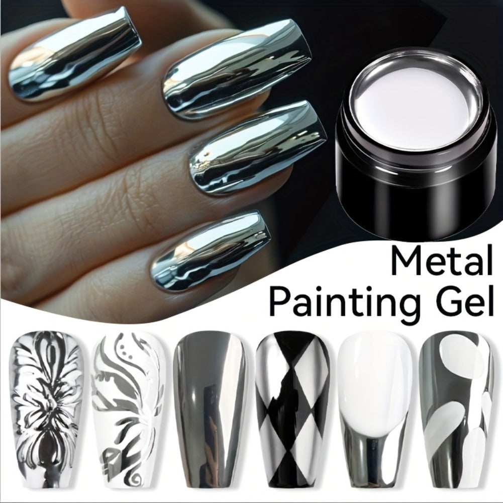 Mirror Metallic Nail Art Painting Gel with Built-In Brush 0.24oz — Metal Effect UV LED Soak Off Silver Chrome Line Drawing Flower Geometric DIY Home Salon Manicure Women Nail Artists