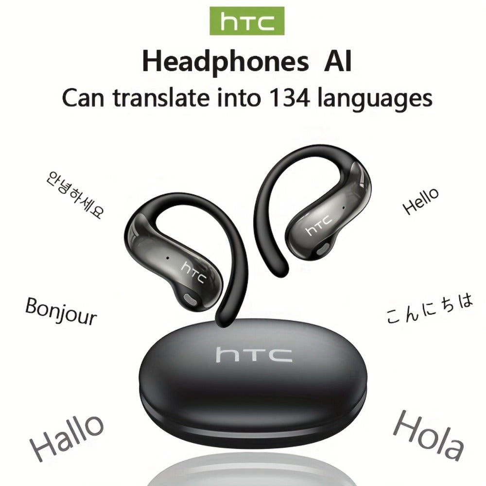 HTC NE19 AI Translation Earbuds TWS 134 Languages, Open-Ear Wireless Bluetooth 5.4 HiFi Audio, Long Battery Life Hands-Free Earphones for Travel Business Sports Casual Daily Use