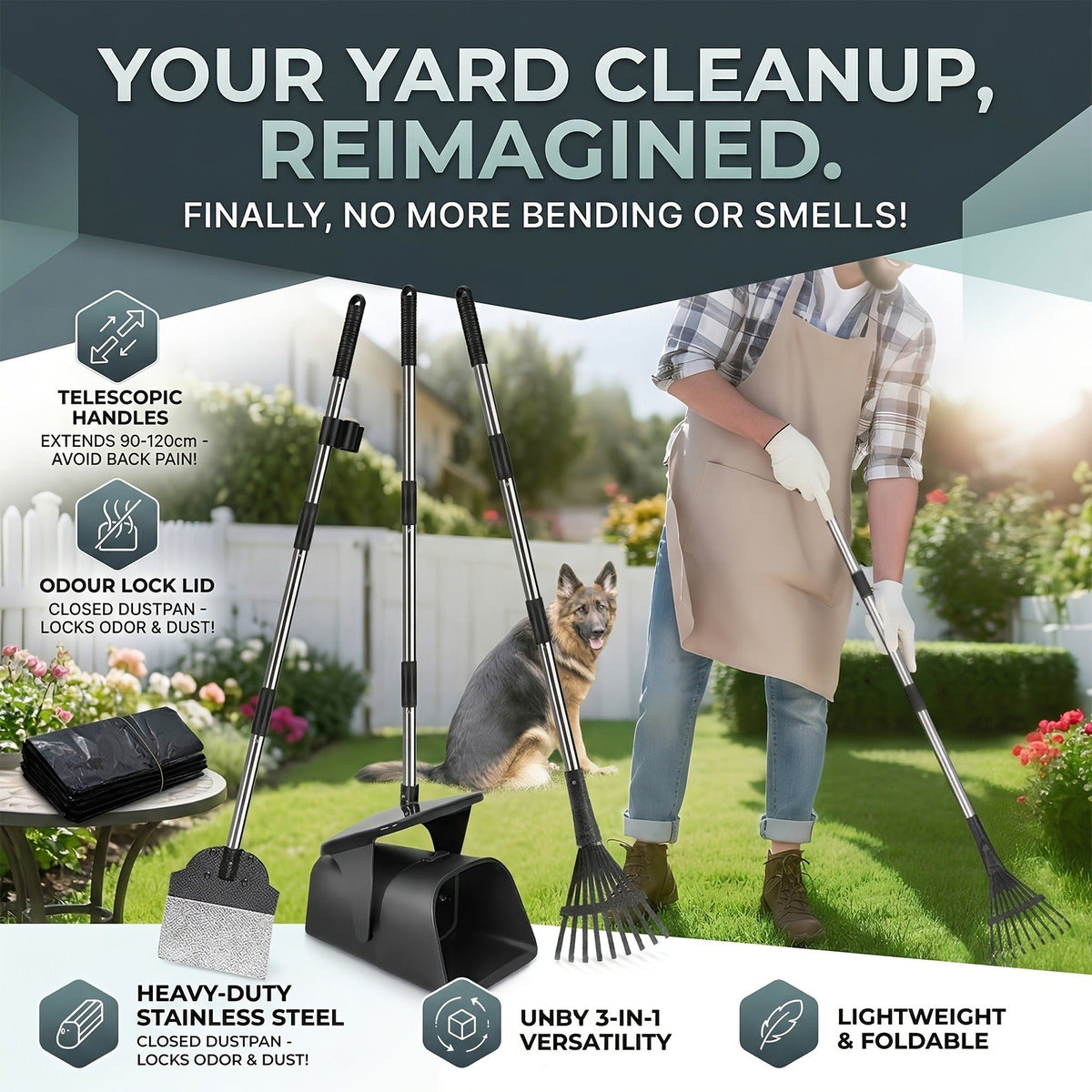 Dog Pooper Scooper with Long Handle & Swivel Bin - Heavy Duty Rake Spade Set, 40 Waste Bags Included, Pet Waste Removal for Yard Grass Gravel