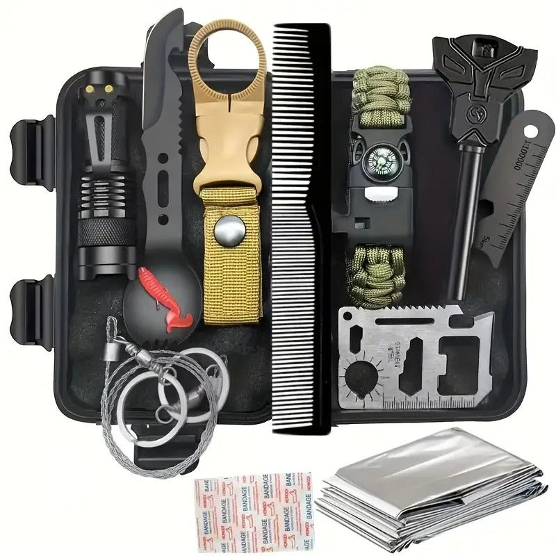 Survival Gear Kit Emergency Tool Set – Outdoor Multifunctional Camping Axe, Survival Shovel & Flint Fire Starter, 12pcs Basic or 158pcs Full Kit for Hiking, Hunting, Earthquake & Outdoor Adventures