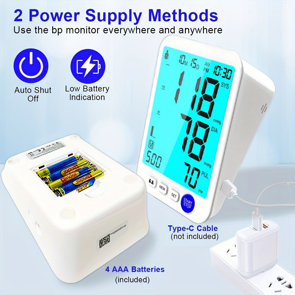 Upper Arm Blood Pressure Monitor Automatic – Large LED Backlit Screen, Extra-Large Cuff, 1000-Reading Memory for 2 Users, One-Button BP Machine for Home Hypertension Management