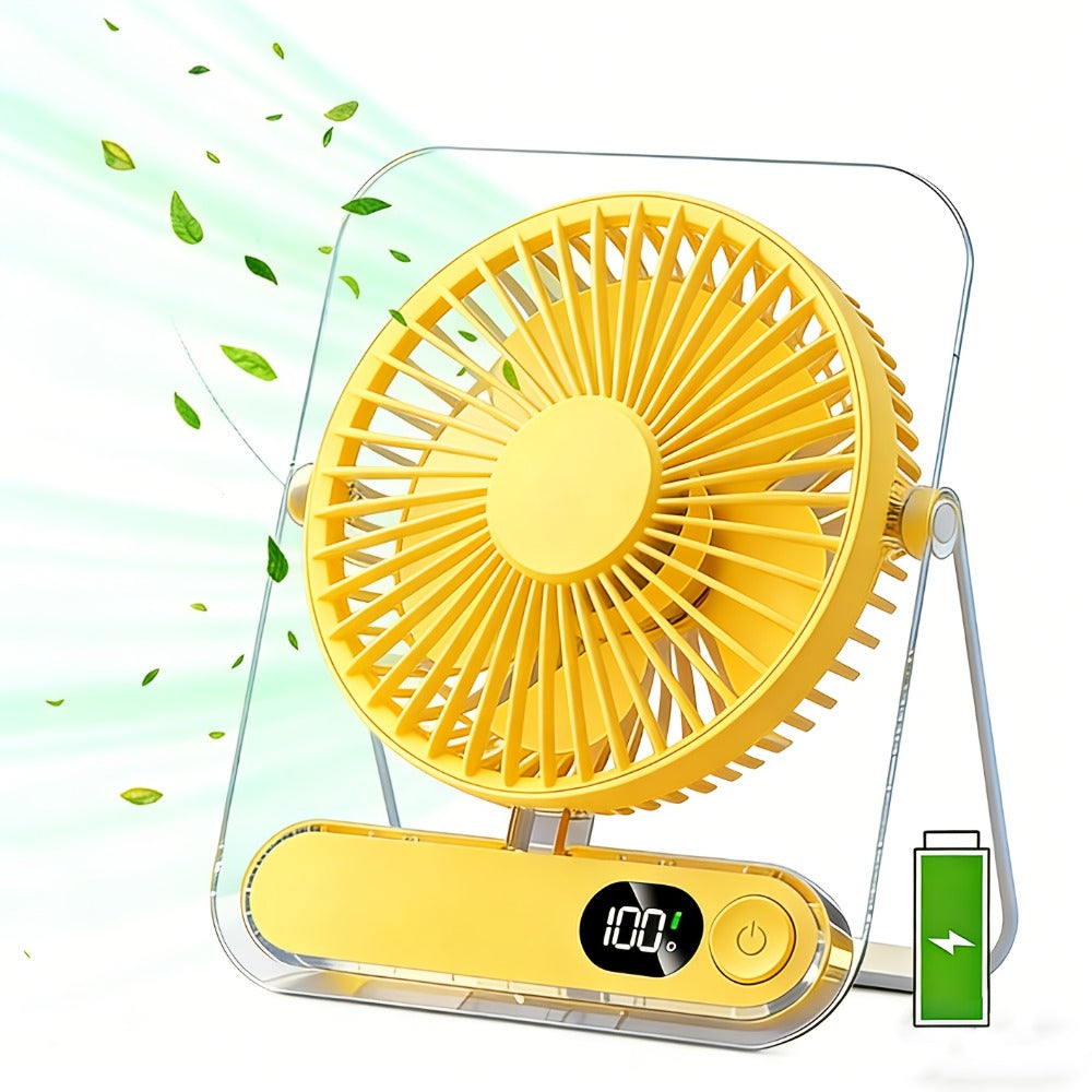 Desk Fan Portable USB Rechargeable 3000mAh Battery 5-Speed Adjustable 180 Degree Foldable Ultra Quiet Digital Display Acrylic for Home Office Travel Lightweight Cooling Fan