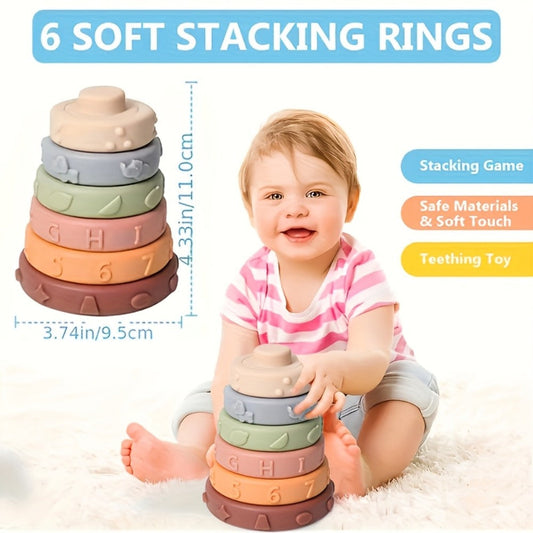 3-in-1 Baby Sensory Toy Set, Stacking Cups, Spinning Top & Cloth Book