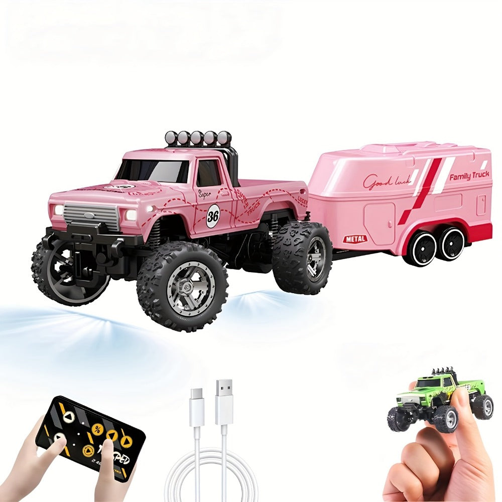 Mini RC Truck 1:64 Scale – 2.4GHz Alloy Off-Road Crawler with Detachable Trailer & LED Lights