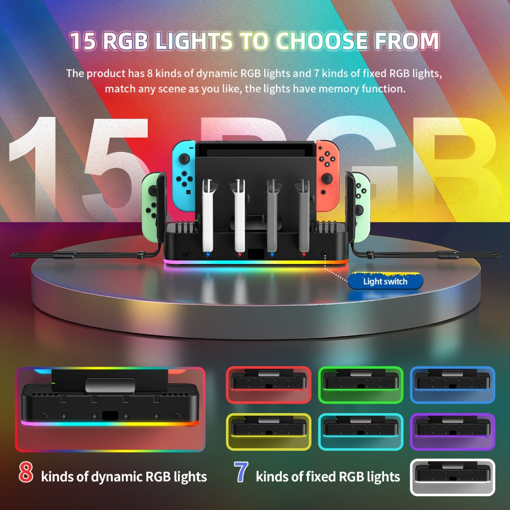 Nintendo Switch RGB Wall Mount with Charger – Switch/OLED Holder, 4 Controller Charger, 10 Card Slots, 15 RGB Light Modes, 2 USB Ports, Gaming Accessories Organizer Station