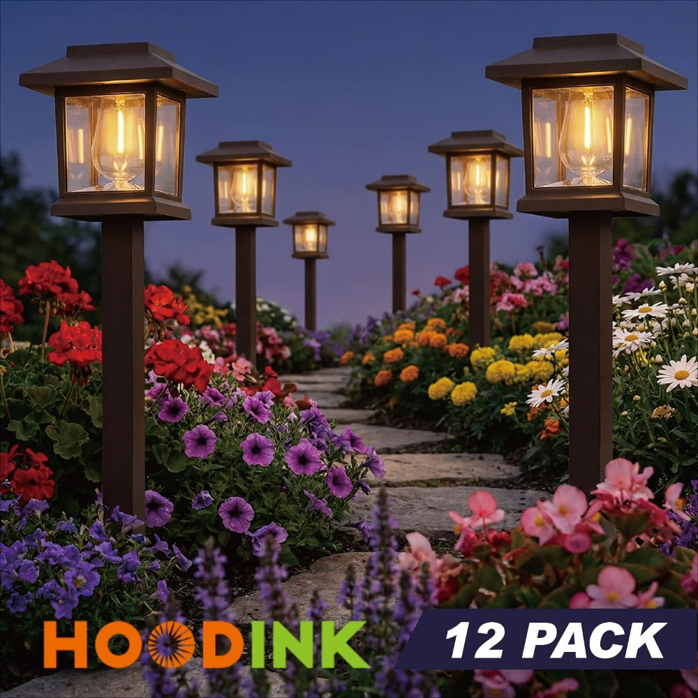 Solar Pathway Lights Outdoor Edison Style LED – Up to 12 Hours Auto On/Off IP44 Waterproof | Warm White Solar Garden Lights for Yard, Driveway & Walkway | Black & Brown Upgraded Stake Lights