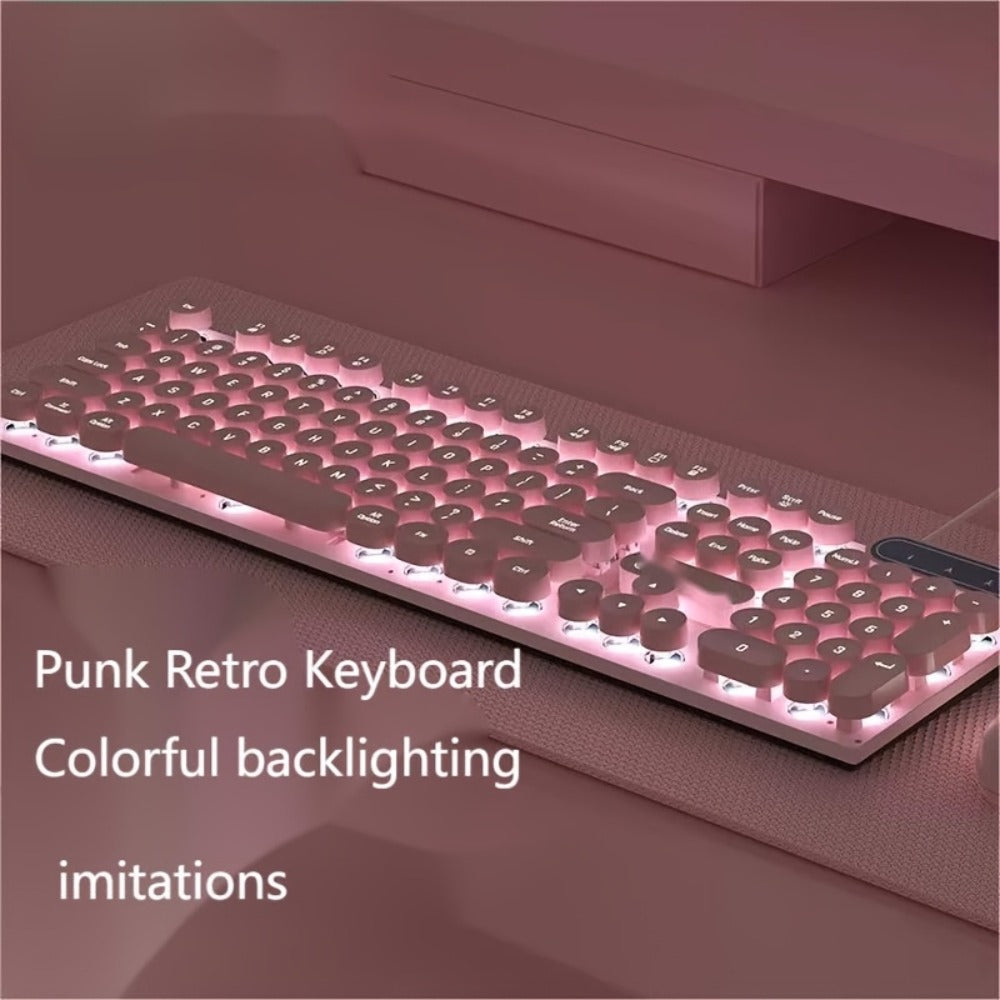 Retro Punk Keyboard and Mouse Set 104 Keys Silent Mechanical Feeling 6D Macro Mouse USB Wired Ergonomic Design for PC Laptop Desktop Gaming Office Home Creative Workstation