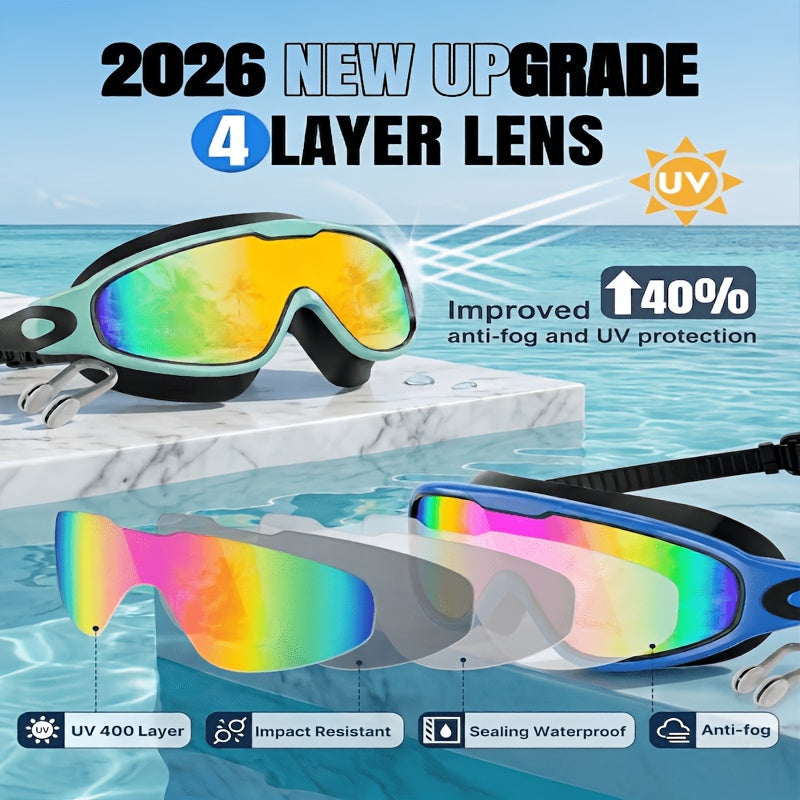 Anti-Fog Swimming Goggles Wide View UV Protection Swim Goggles for Adults Men Women Youth - Mirrored Lens with Earplugs Nose Clip for Triathlon Pool Open Water Training