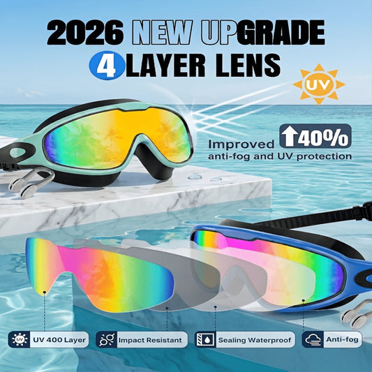 Swimming Goggles with Wide-View Mirrored Anti-Fog Lenses and Phone Pouch Options