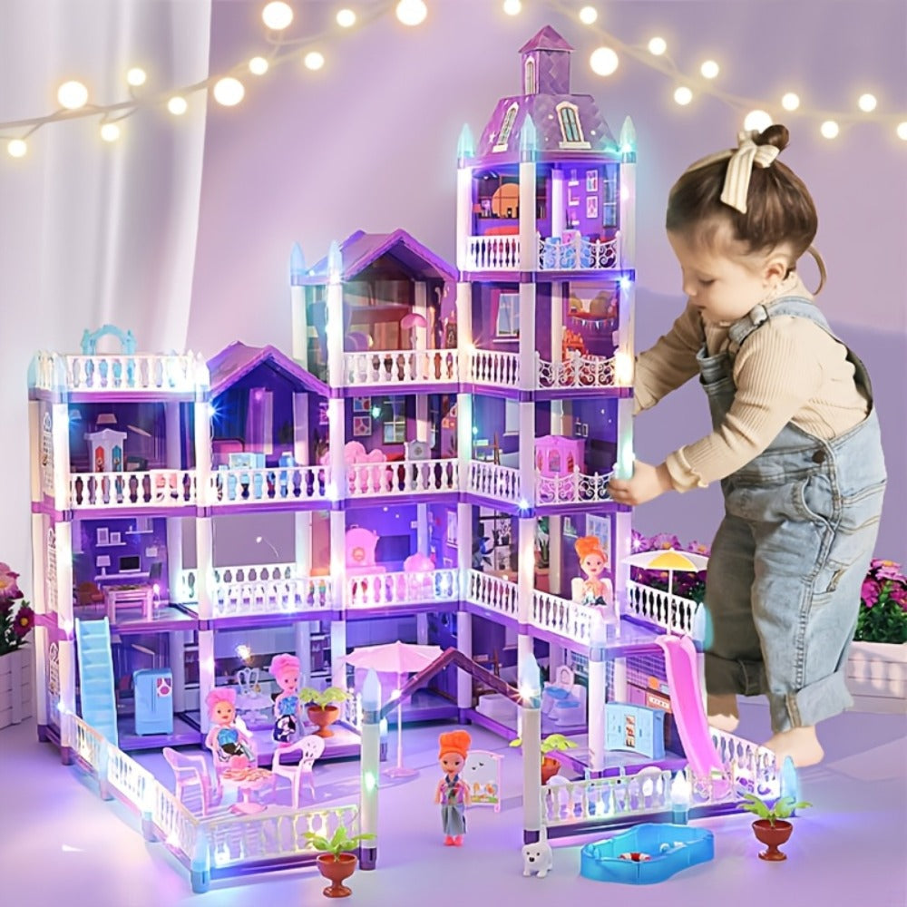 Purple LED Dollhouse Playset with 6 to 16 Room Options and Furniture