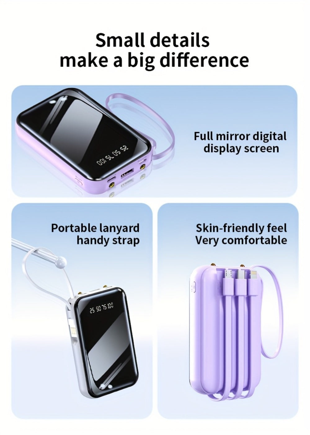 Built-in Cables Flashlight 50000mAh Power Bank Portable Charger, Fast Charging LED Display Emergency Battery Pack for iPhone Android Outdoor Travel Camping Hiking – Black Purple Available