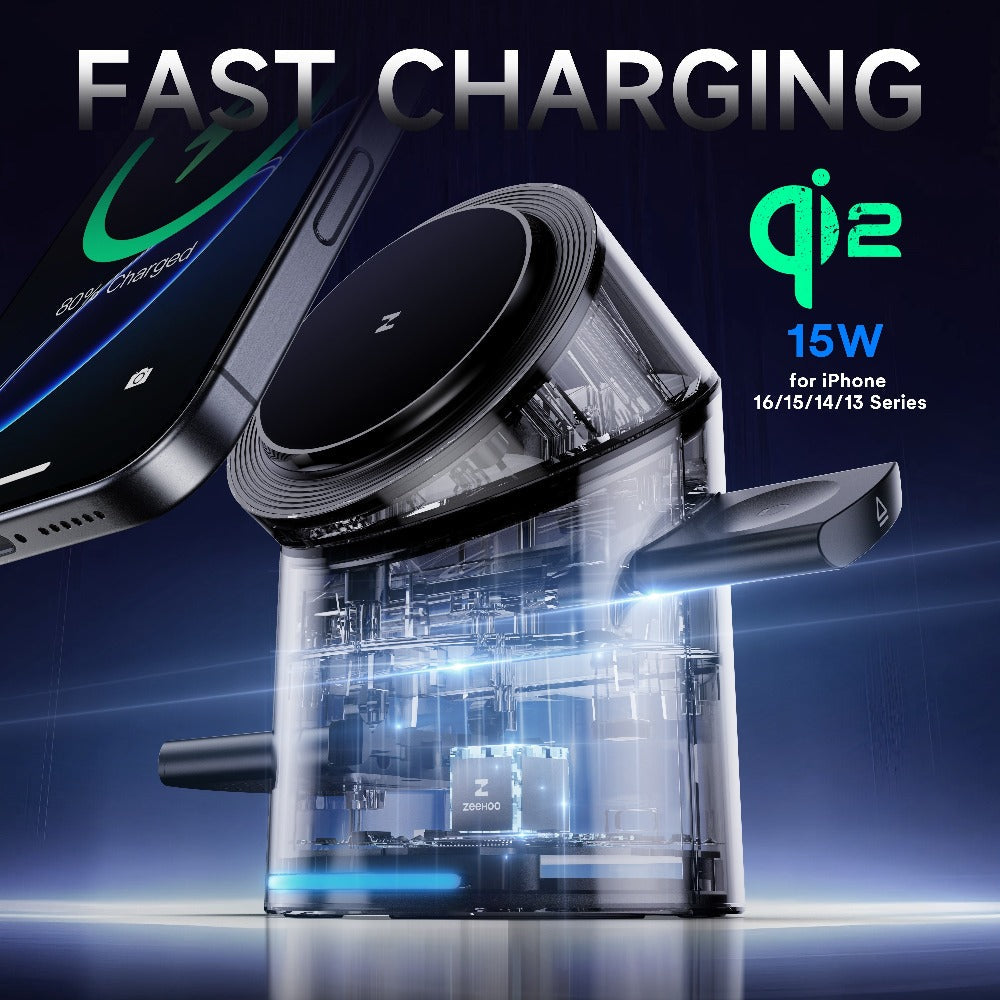 Qi2 3-in-1 Wireless Charging Station 15W ZEEHOO CylinTrick-R Cylindrical Rotating Magnetic Stand Hidden Pop-Up Charger Touch Activated for iPhone 17 16 15 14 13 12 Pro Max, Apple Watch Ultra Series 10 9 8 7 SE, AirPods 4 3 2 Pro – White Black