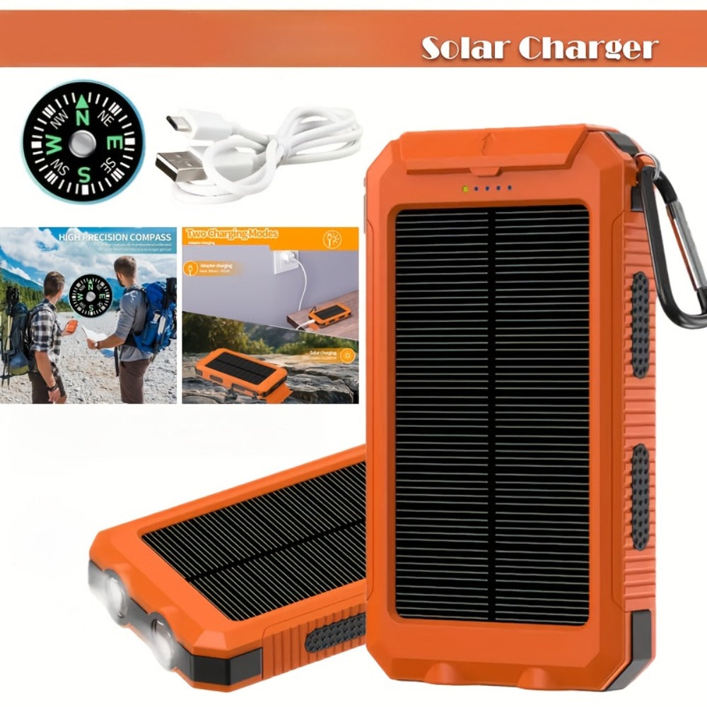 Hiking Solar Power Bank 10000mAh with Compass LED Flashlight & Carabiner Clip – Portable USB Charger for Camping Backpacking Travel Emergency Prep – Works with All Phones, Data Cable & Backpack Hook Included