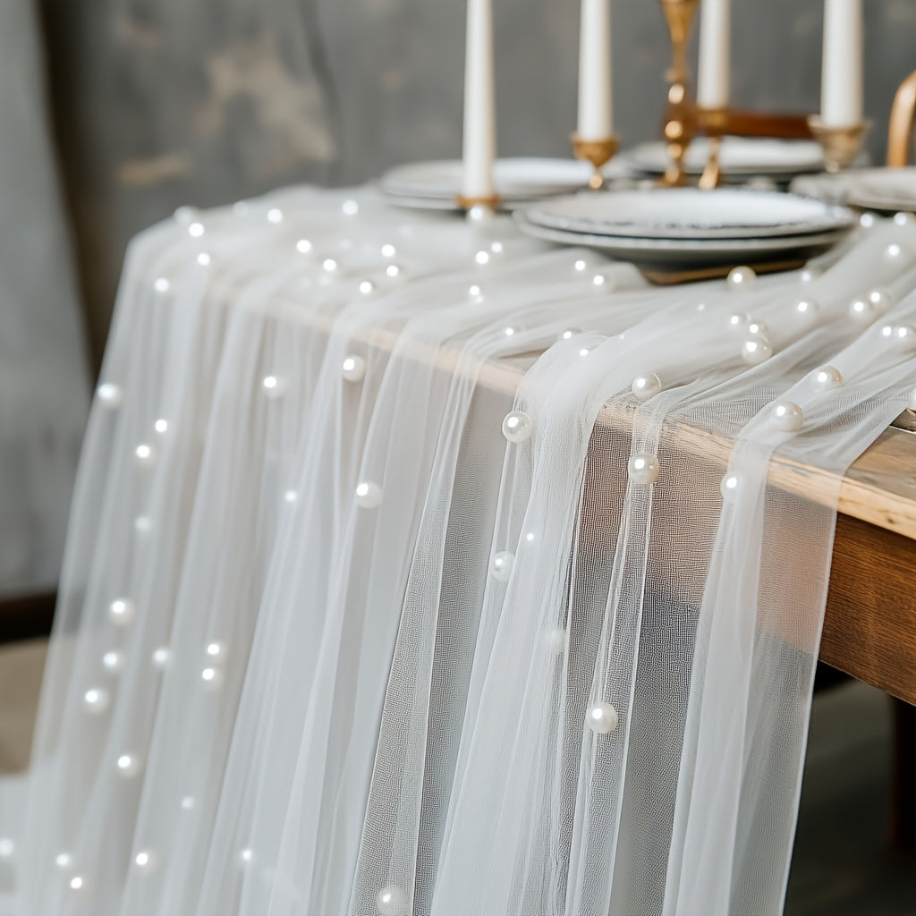 White Pearl Sheer Tulle Fabric Roll 160x300cm – Elegant Organza Mesh for Wedding Backdrop Table Skirt Window Drape Party Decoration Bridal Shower Baby Shower Festive Event Decor