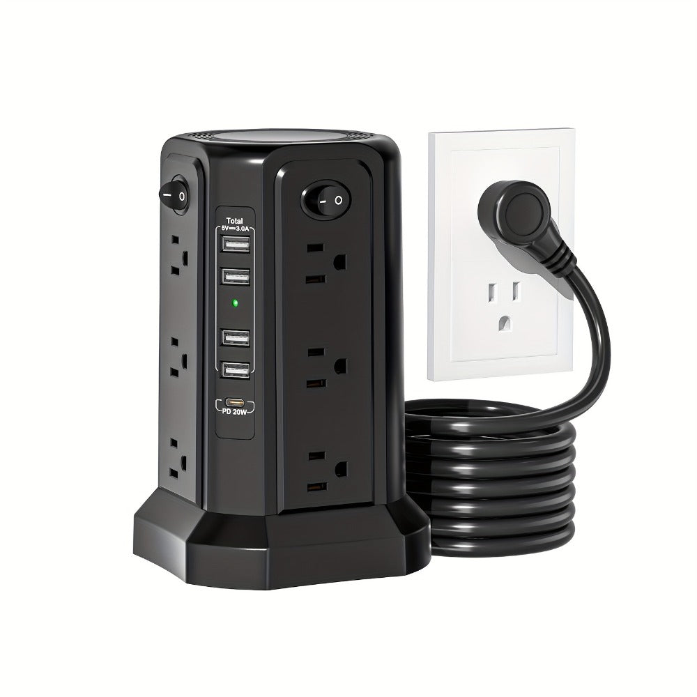 PD18W USB-C Power Strip Tower 21-in-1, 16 AC Outlets & 5 USB Ports, 1500J Surge Protector, Angled Flat Plug, 6ft 13A Extension Cord, Fast Charging Desktop Power Tower for Home Office Dorm – White